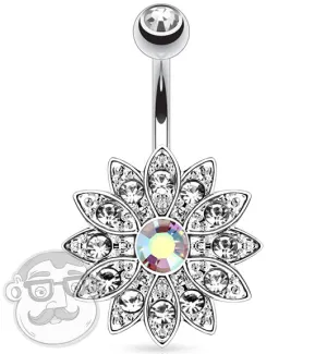 14G Flower with Rainbow Aurora CZ Gem Belly Button Ring