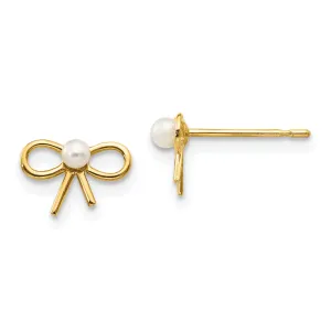 14k Yellow Gold Pearl Bow Child Post Earrings