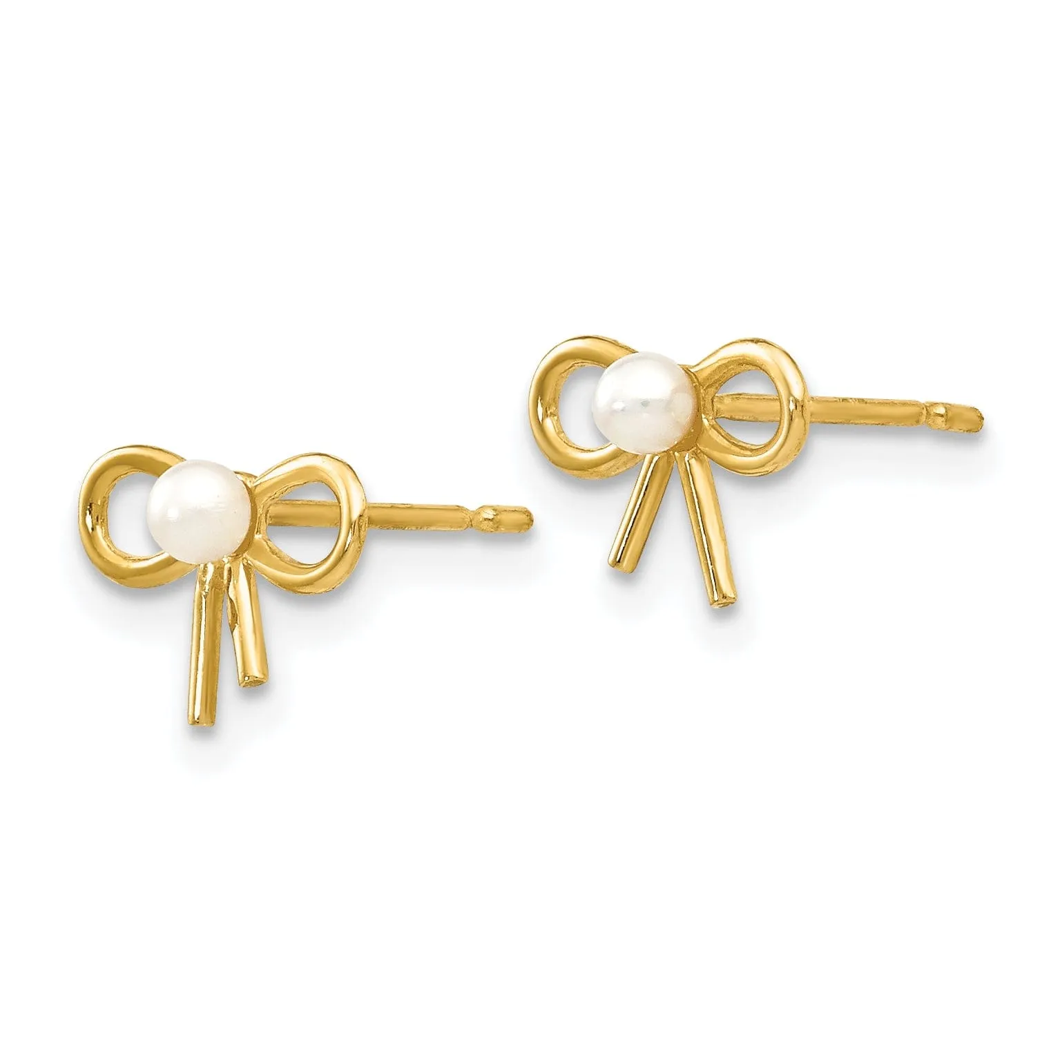 14k Yellow Gold Pearl Bow Child Post Earrings