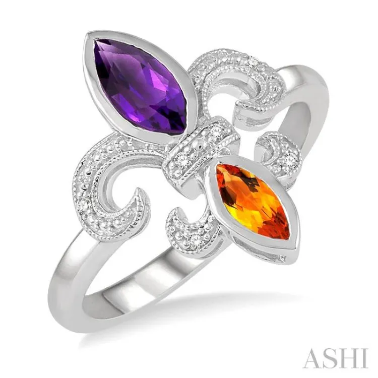 1/50 ctw Marquise Cut 8x4MM Amethyst & 6X3MM Citrine Round Cut Diamond Fleur De Lis Ring in Silver