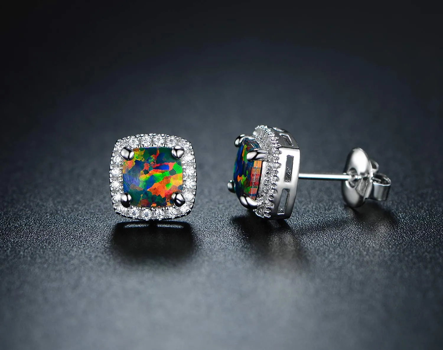 18K White Gold Plated Black Opal Stud Earrings