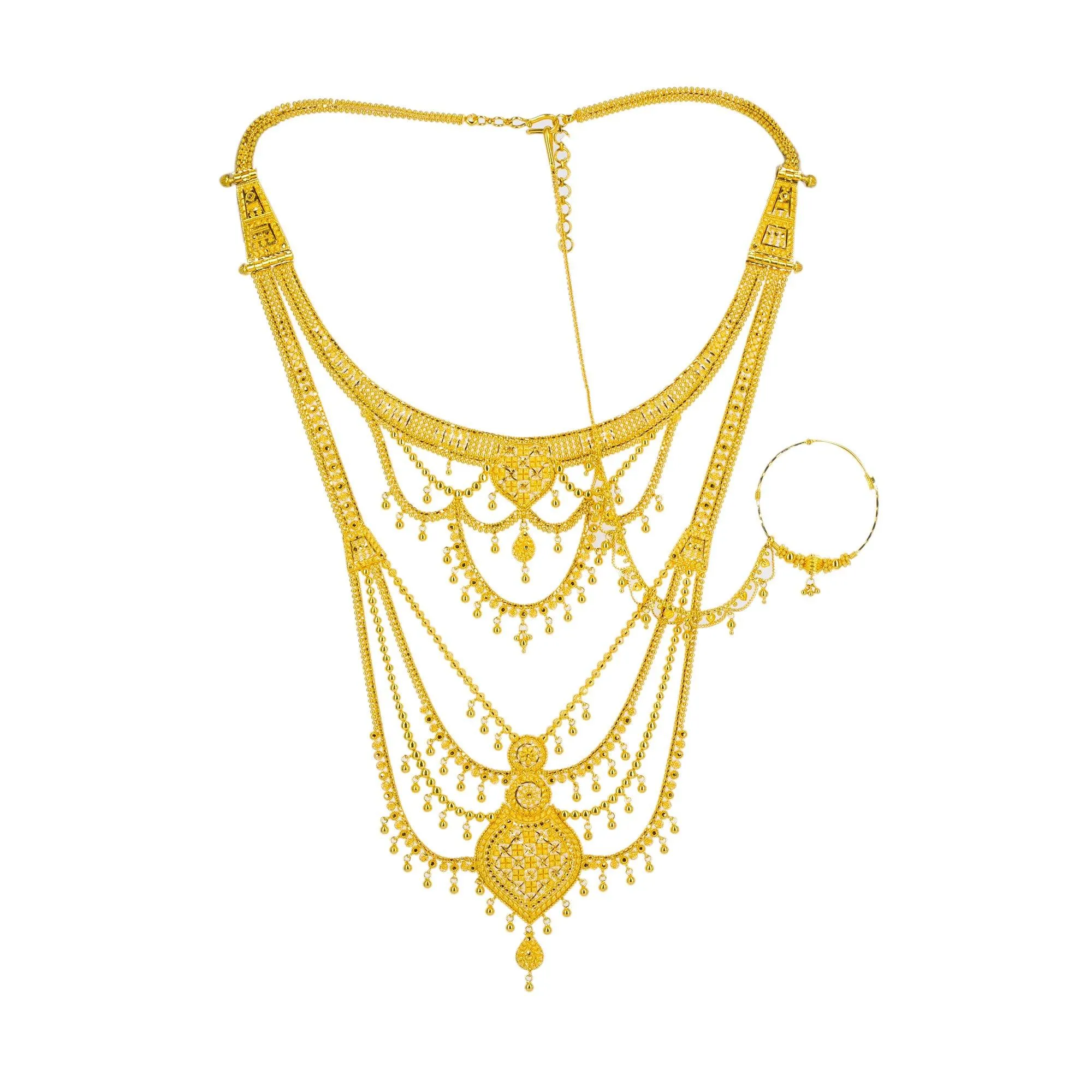 22K Yellow Gold Long Necklace & Earrings Set W/ Tikka, Nath Nose Ring & Filigree Designs