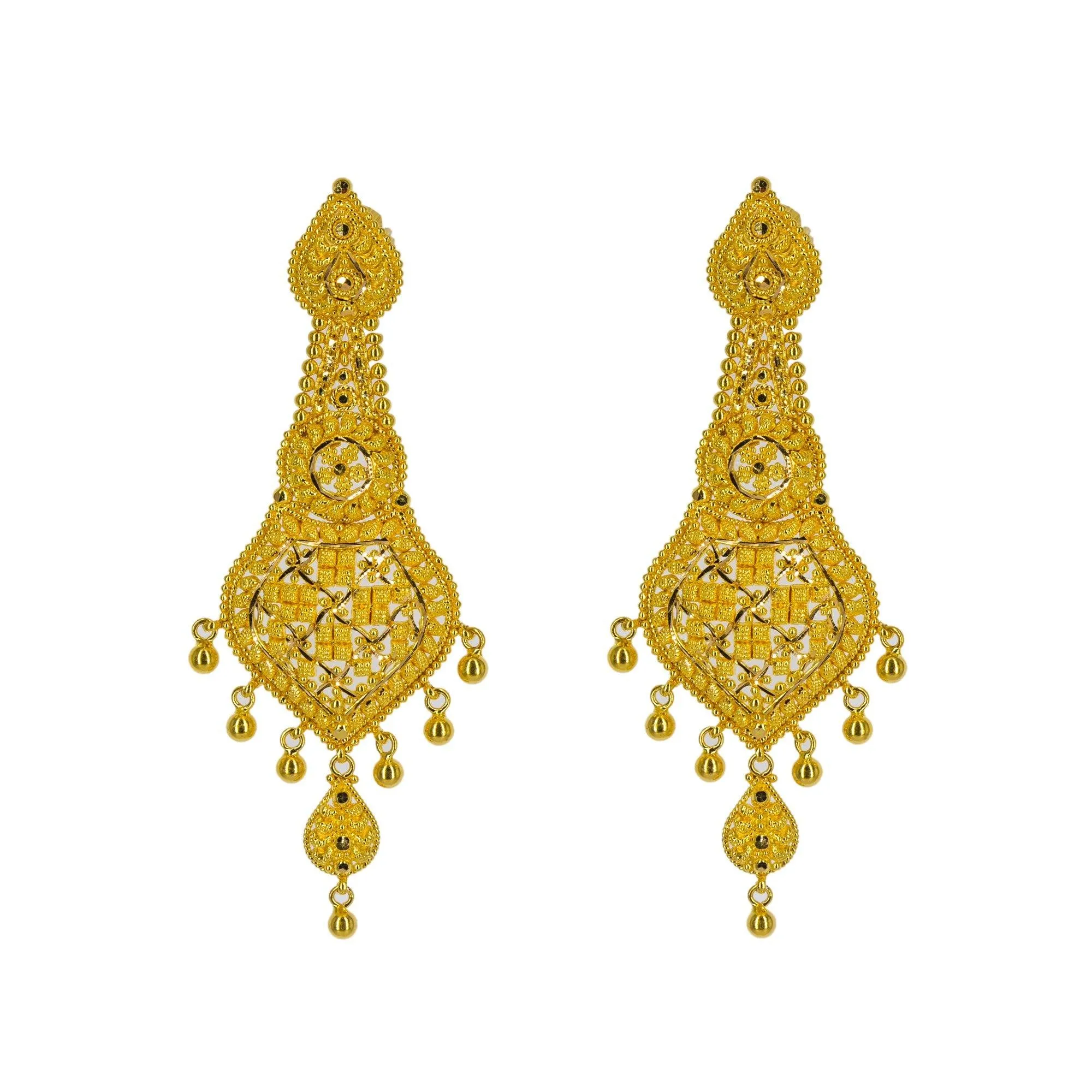 22K Yellow Gold Long Necklace & Earrings Set W/ Tikka, Nath Nose Ring & Filigree Designs