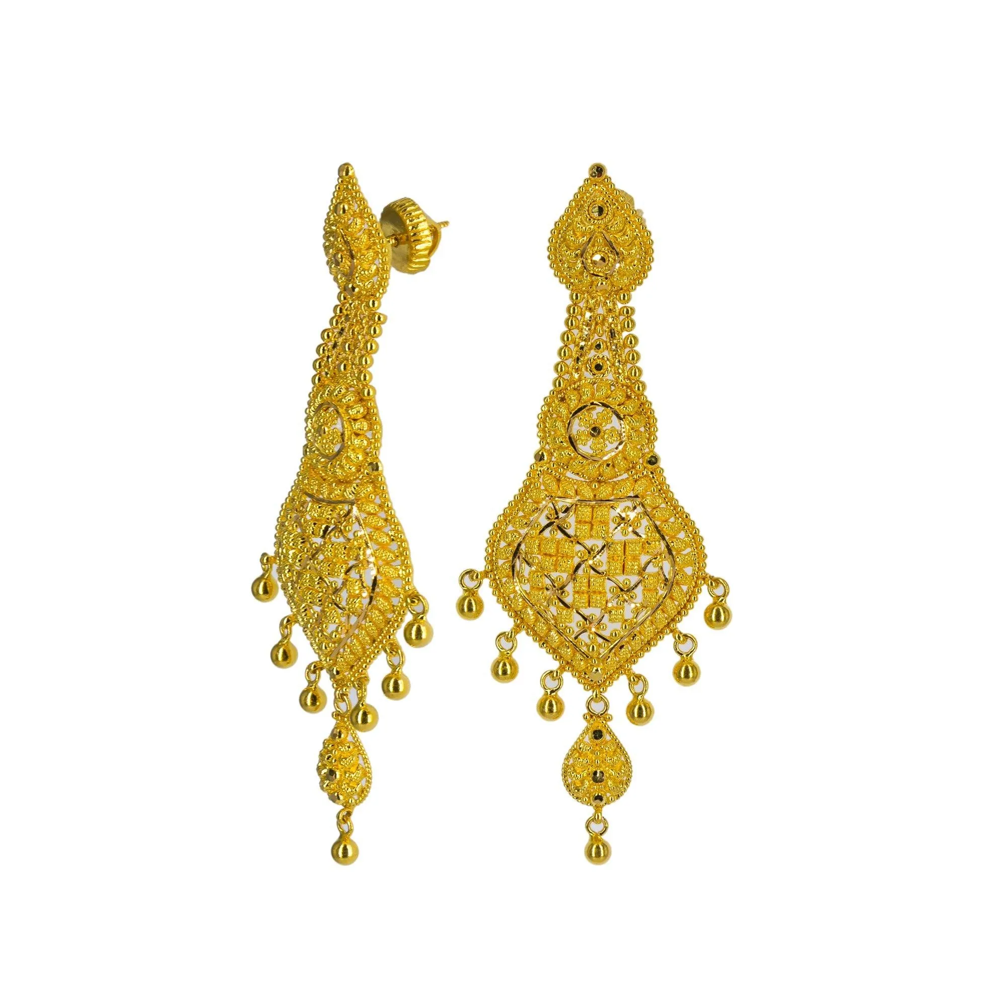 22K Yellow Gold Long Necklace & Earrings Set W/ Tikka, Nath Nose Ring & Filigree Designs