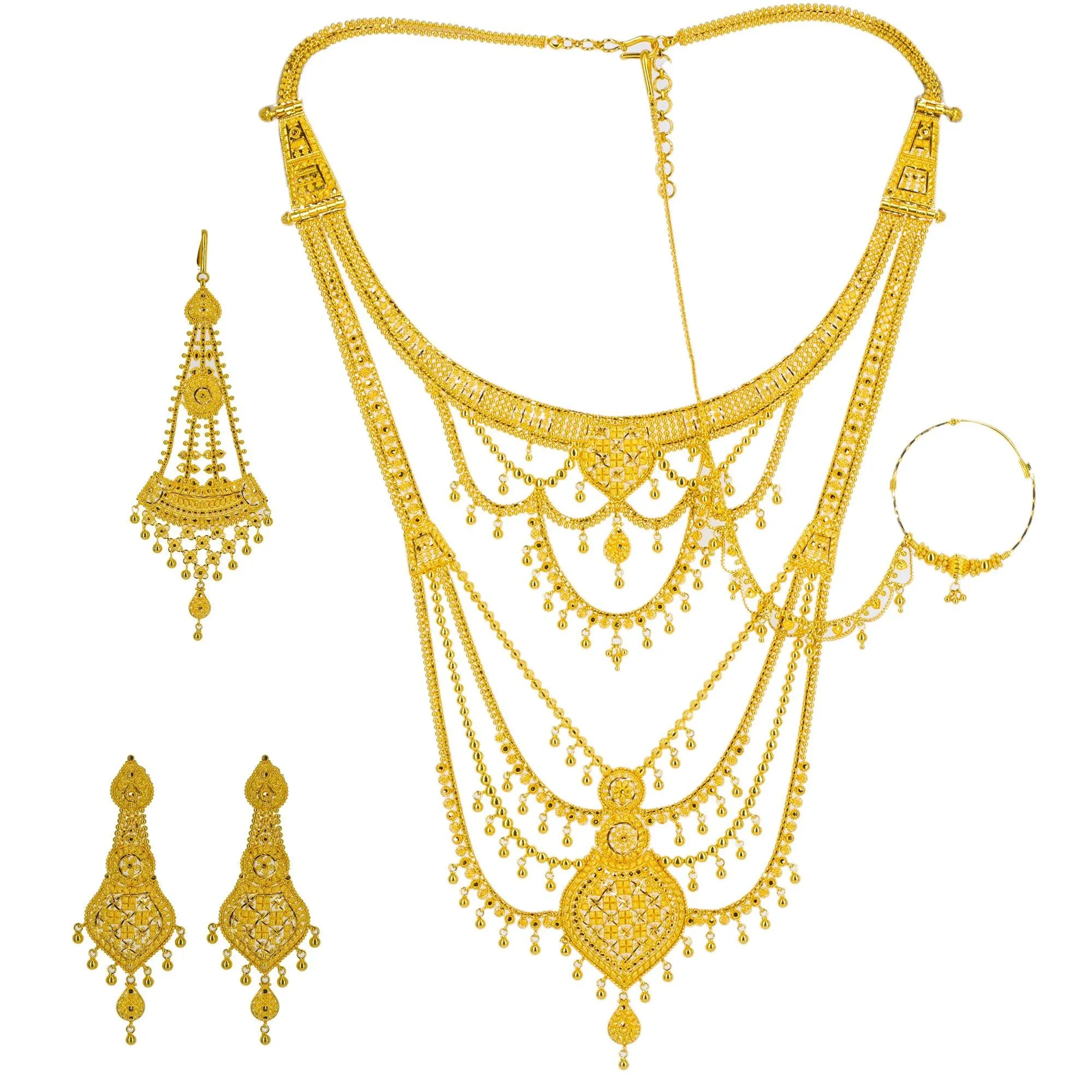 22K Yellow Gold Long Necklace & Earrings Set W/ Tikka, Nath Nose Ring & Filigree Designs