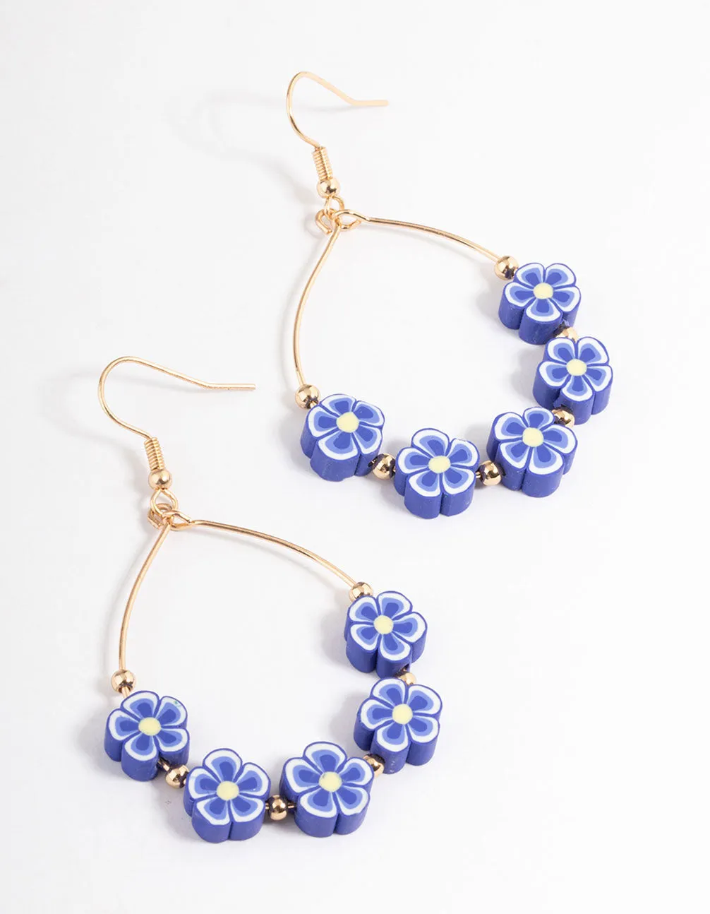 Blue Wire Flower & Bead Drop Earrings