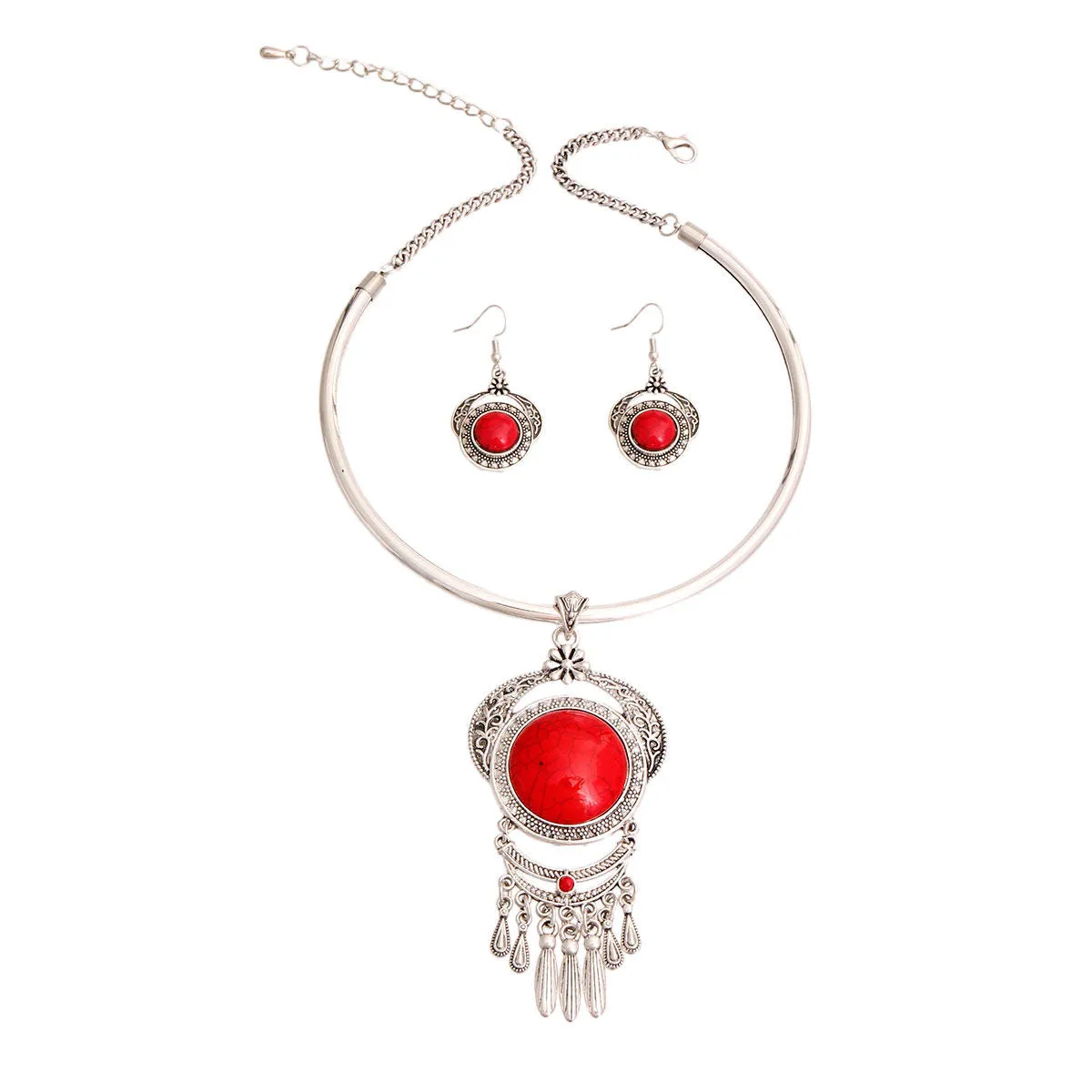 Bohemian Red Statement Necklace and Earrings Set