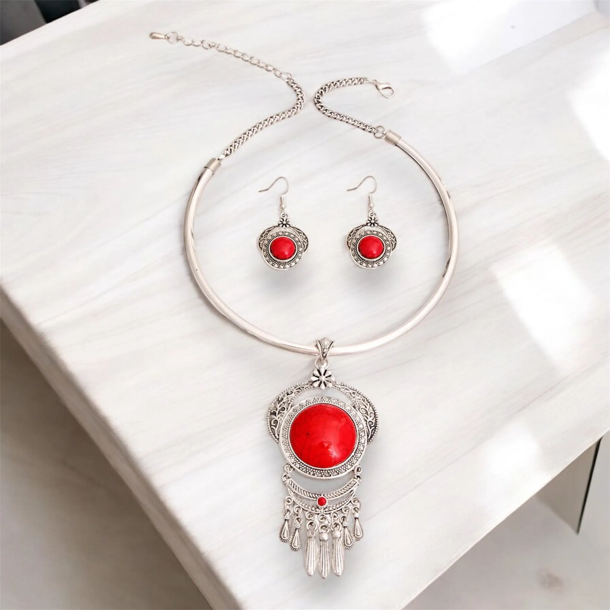 Bohemian Red Statement Necklace and Earrings Set