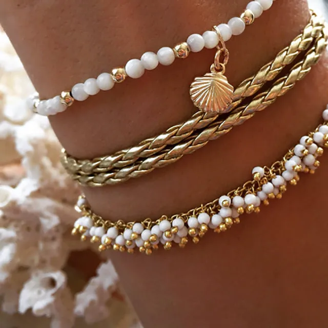 Boho Gold Shell Cowrie Anklet Set for Women