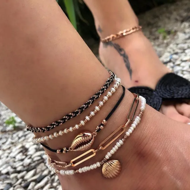 Boho Gold Shell Cowrie Anklet Set for Women