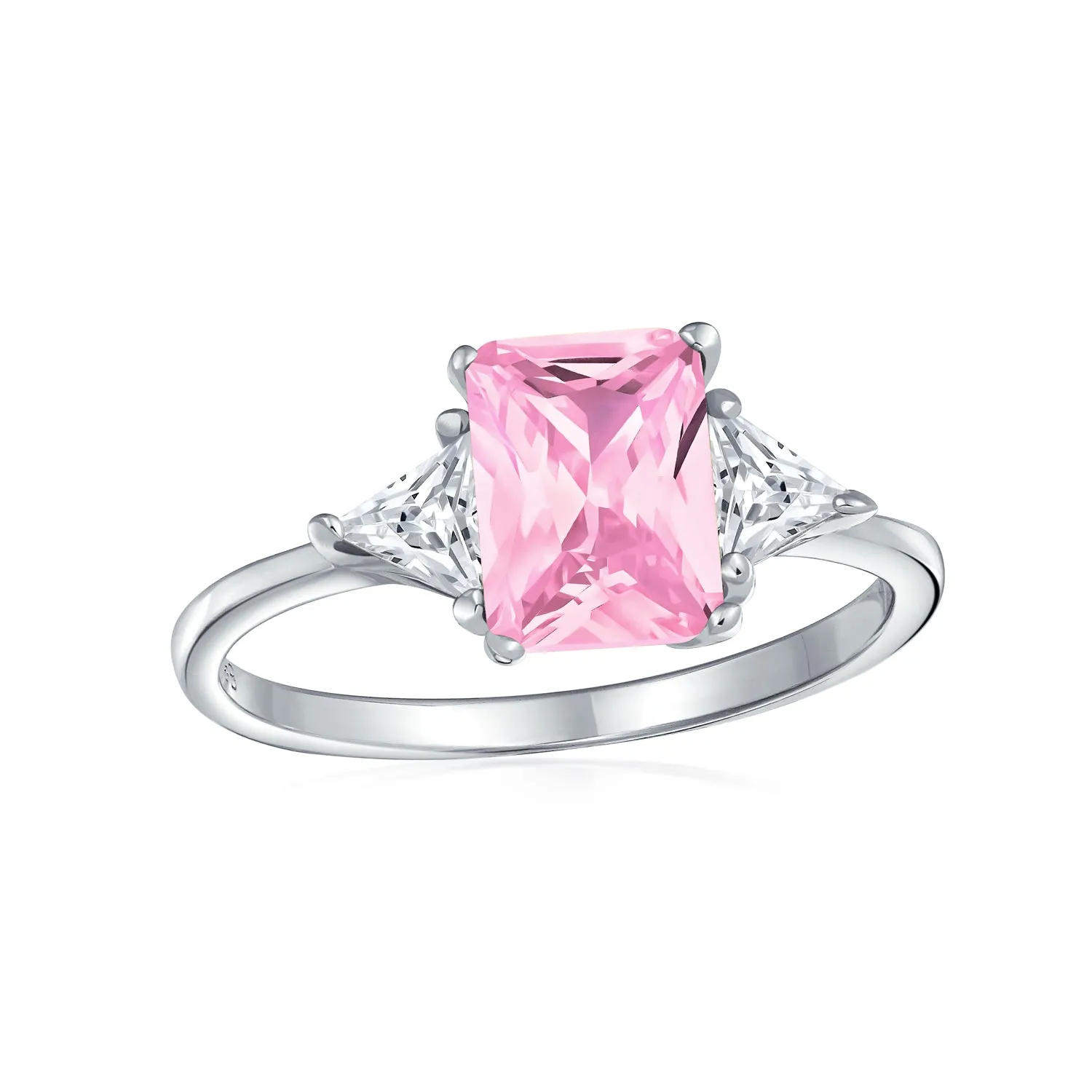 Bridal 3 Stone CZ Pink Emerald Cut Engagement Ring with Trillion Accents in Silver