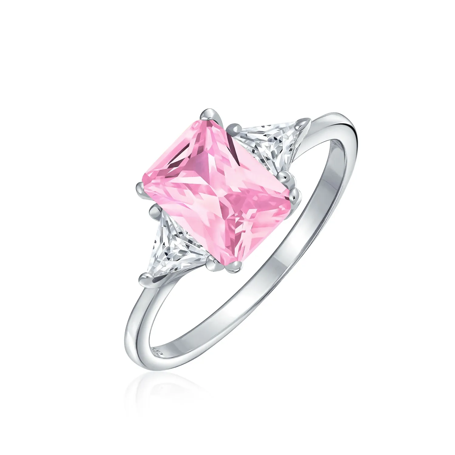 Bridal 3 Stone CZ Pink Emerald Cut Engagement Ring with Trillion Accents in Silver