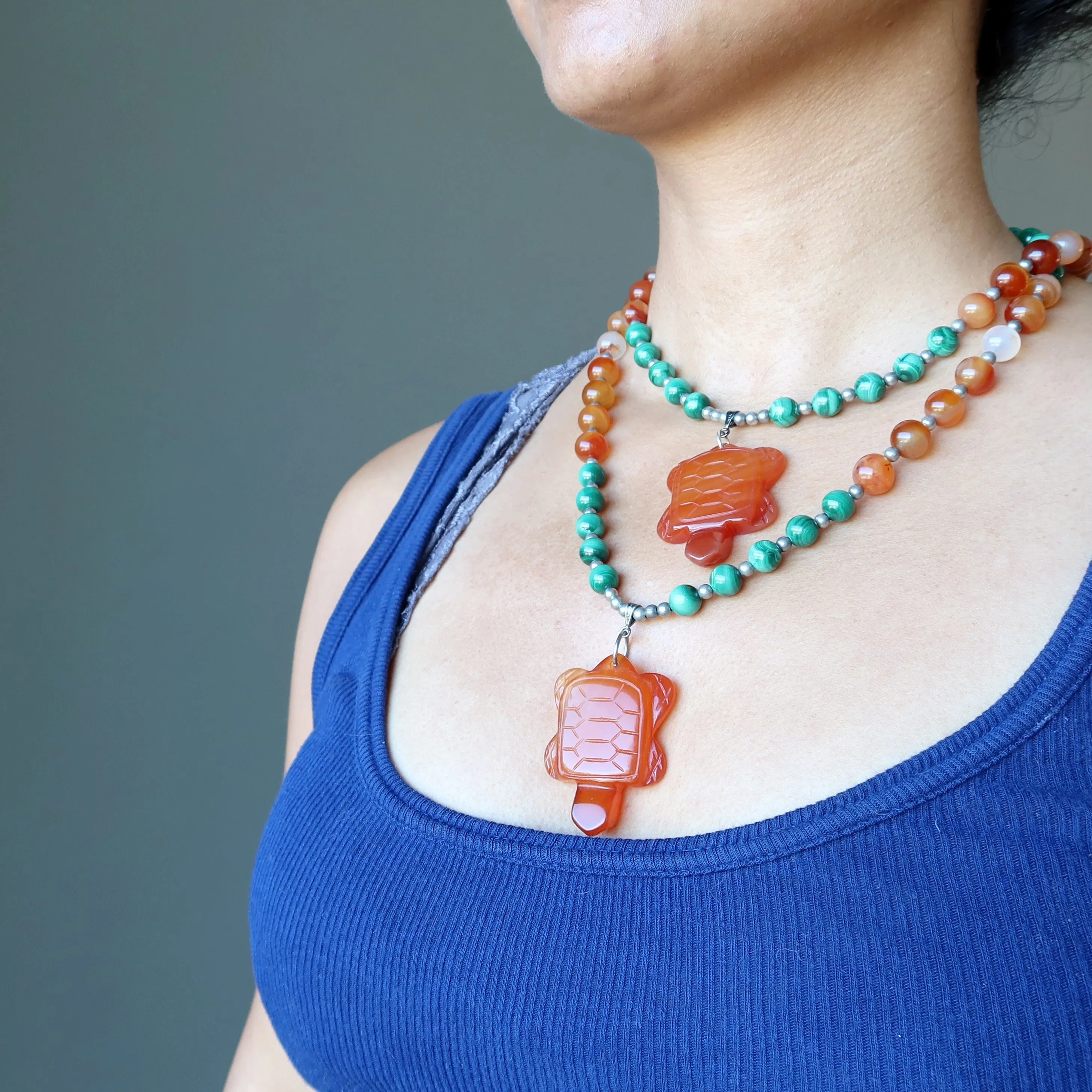 Carnelian Malachite Necklace Light my Fire Turtle Crystal