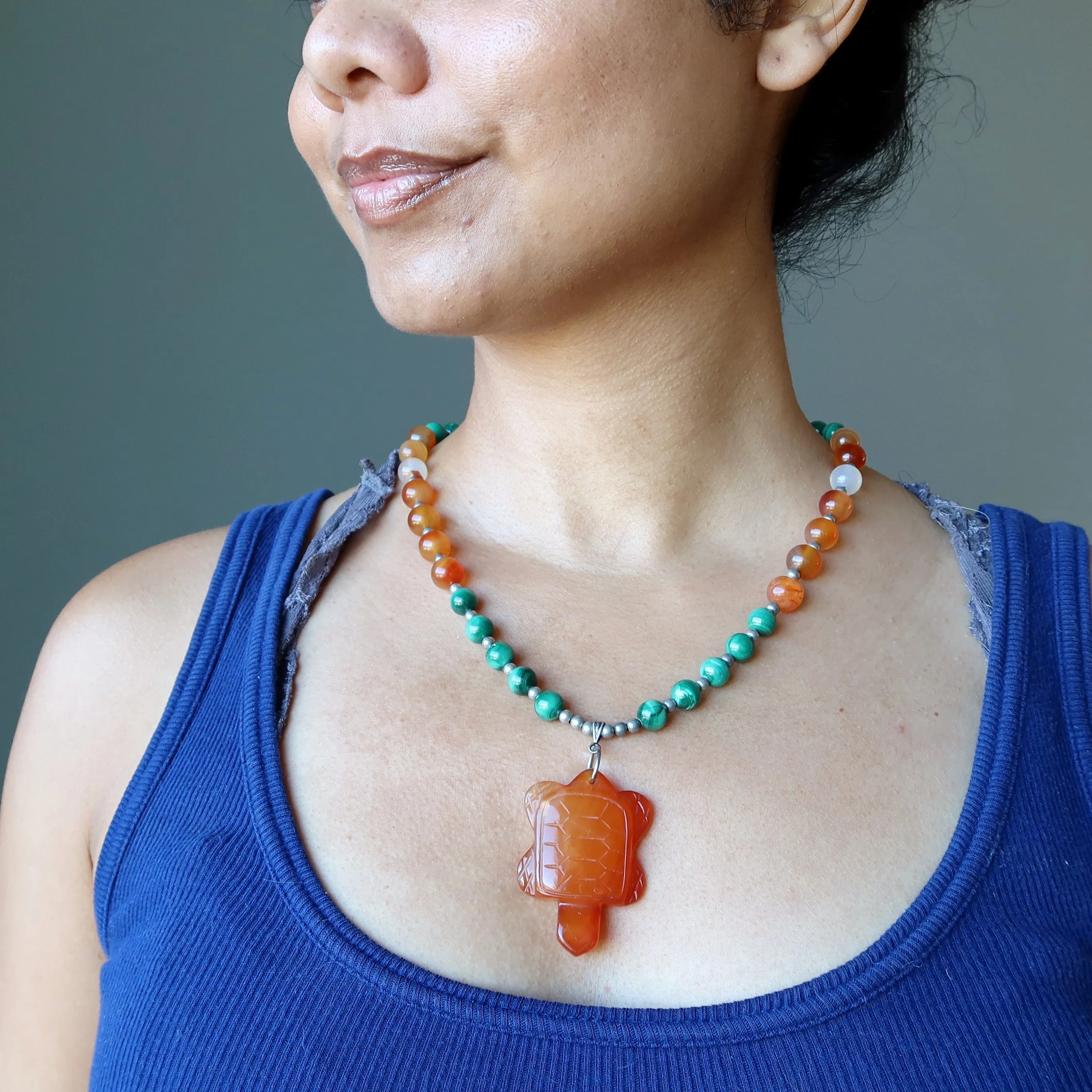 Carnelian Malachite Necklace Light my Fire Turtle Crystal