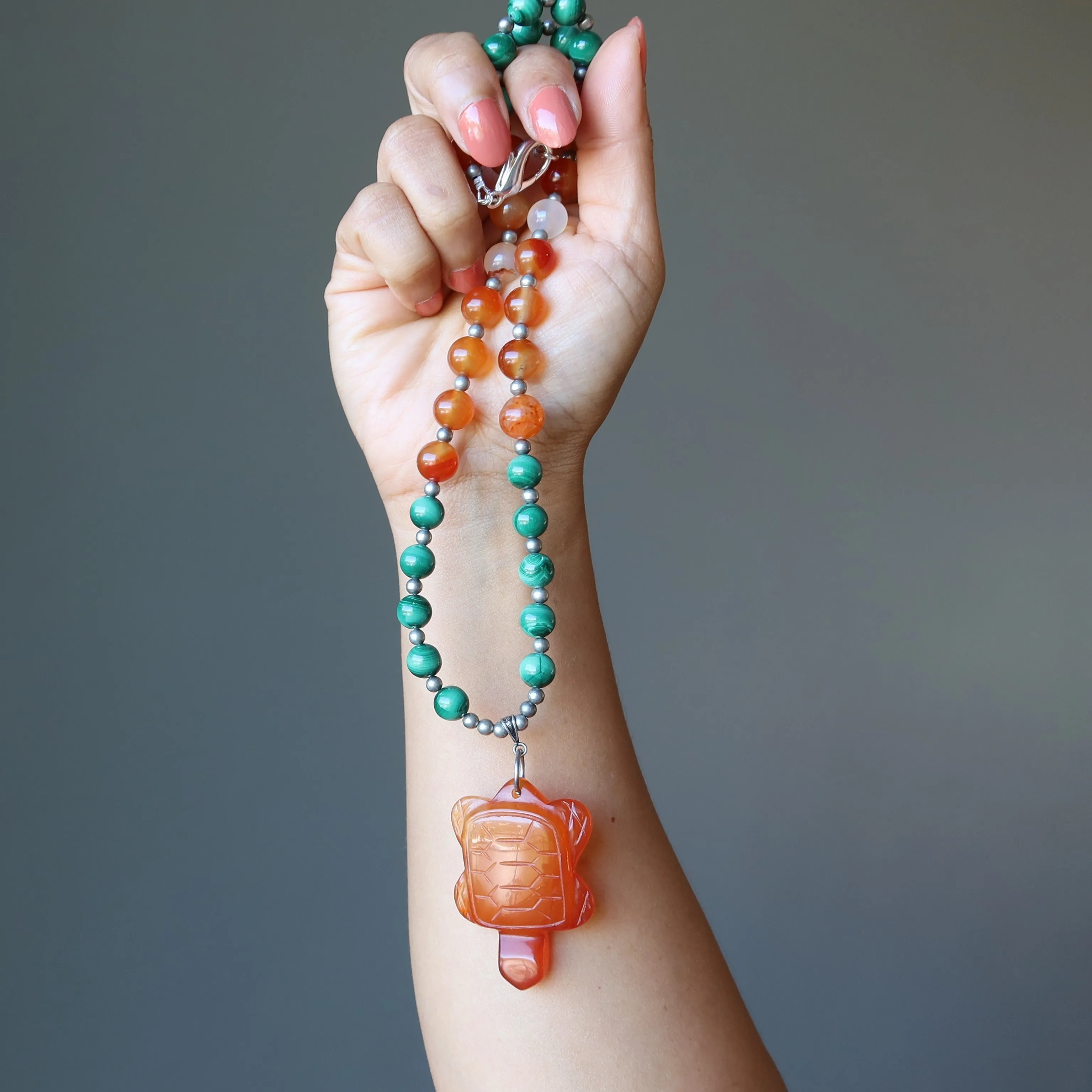 Carnelian Malachite Necklace Light my Fire Turtle Crystal