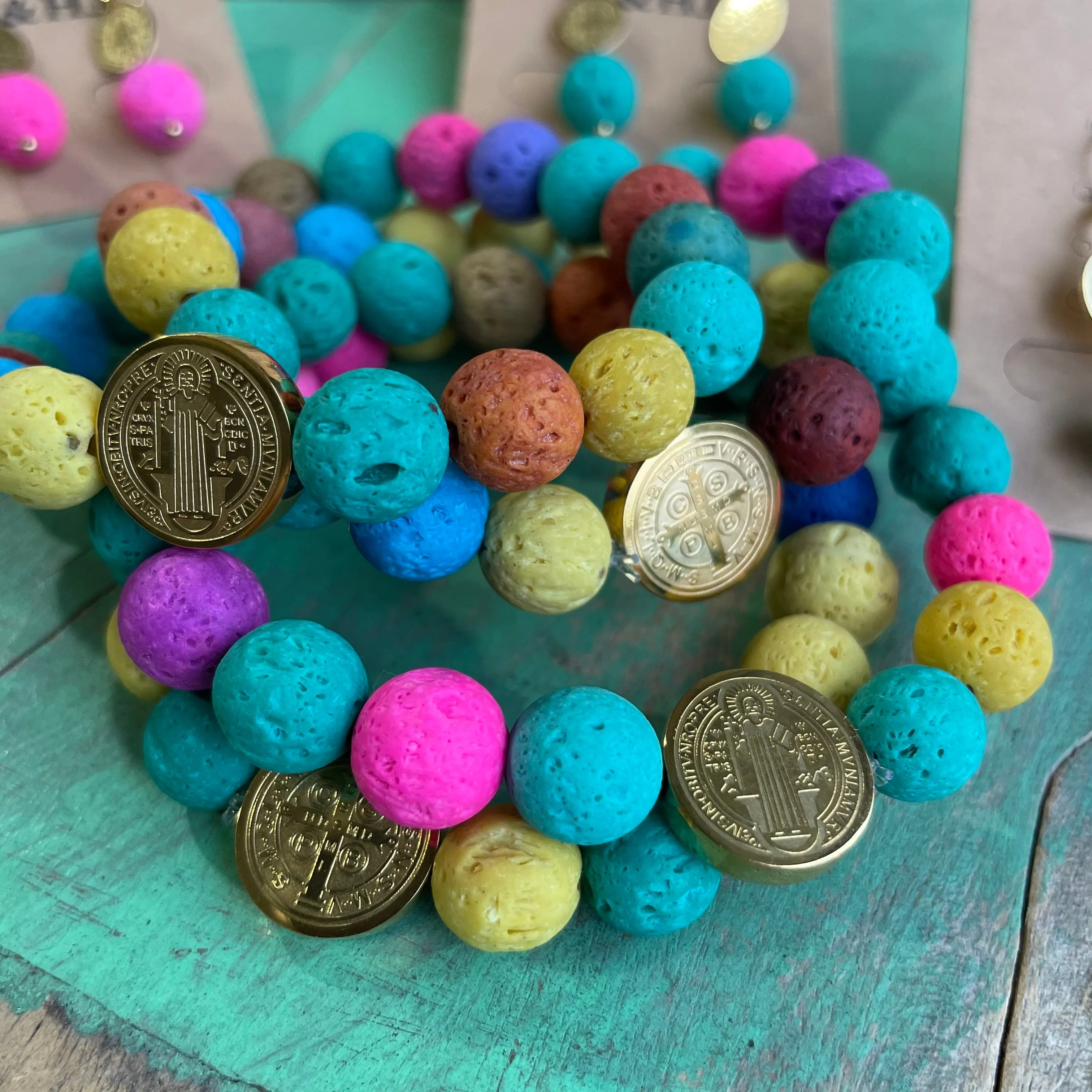 Colorful Lava Bead St Benedict Bracelet and Earrings