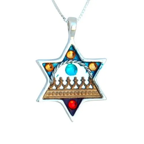 Colorful Silver Star of David Necklace  - Judaica