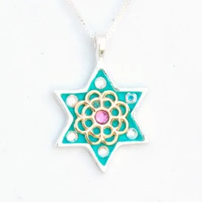 Colorful Silver Star of David Necklace  - Judaica