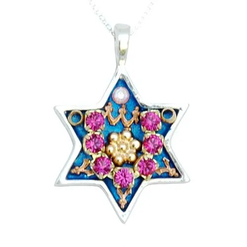 Colorful Silver Star of David Necklace  - Judaica