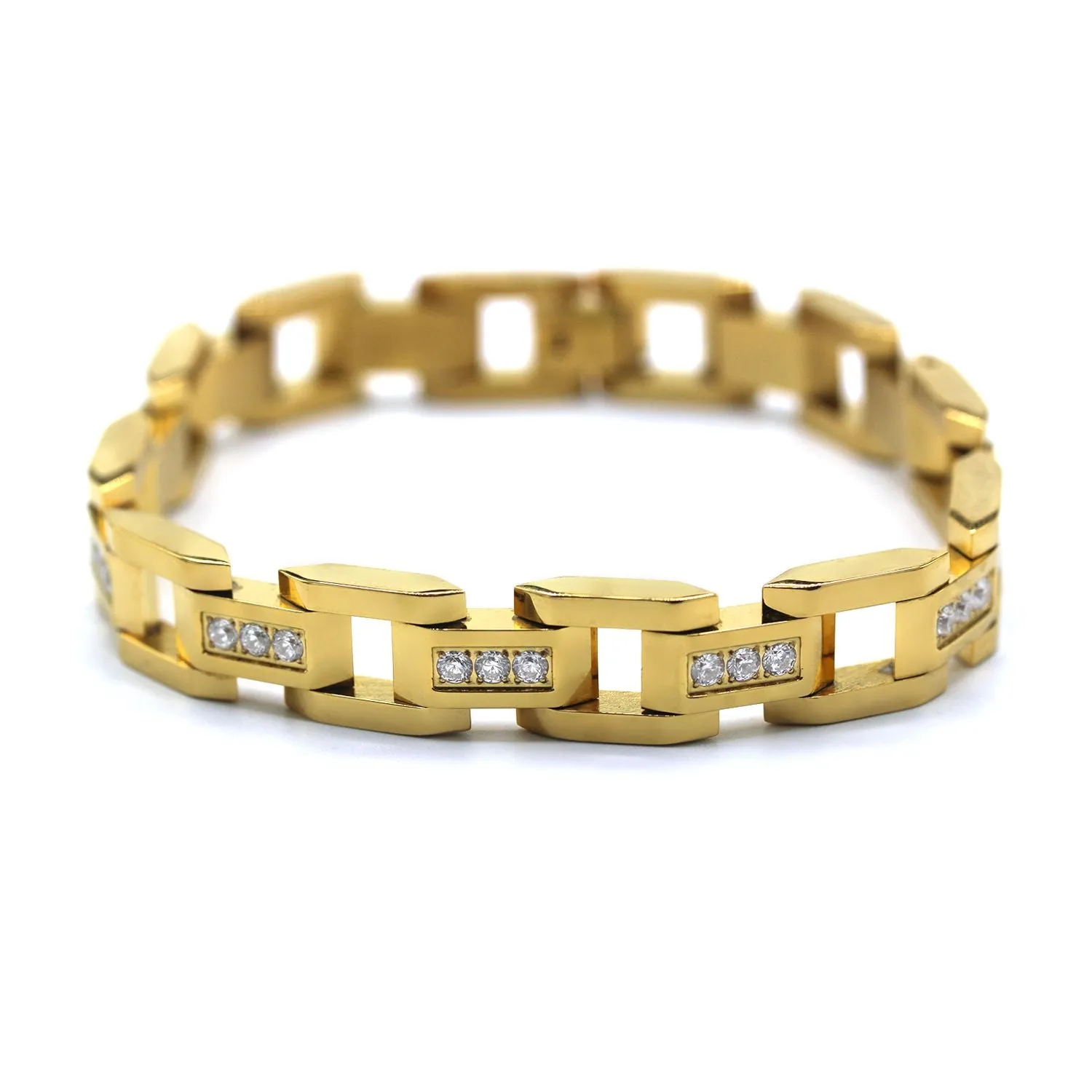 Cubic Zirconia Men's Bracelet 14K Gold Plated Wrist Band Fashion Jewelry 8.5"