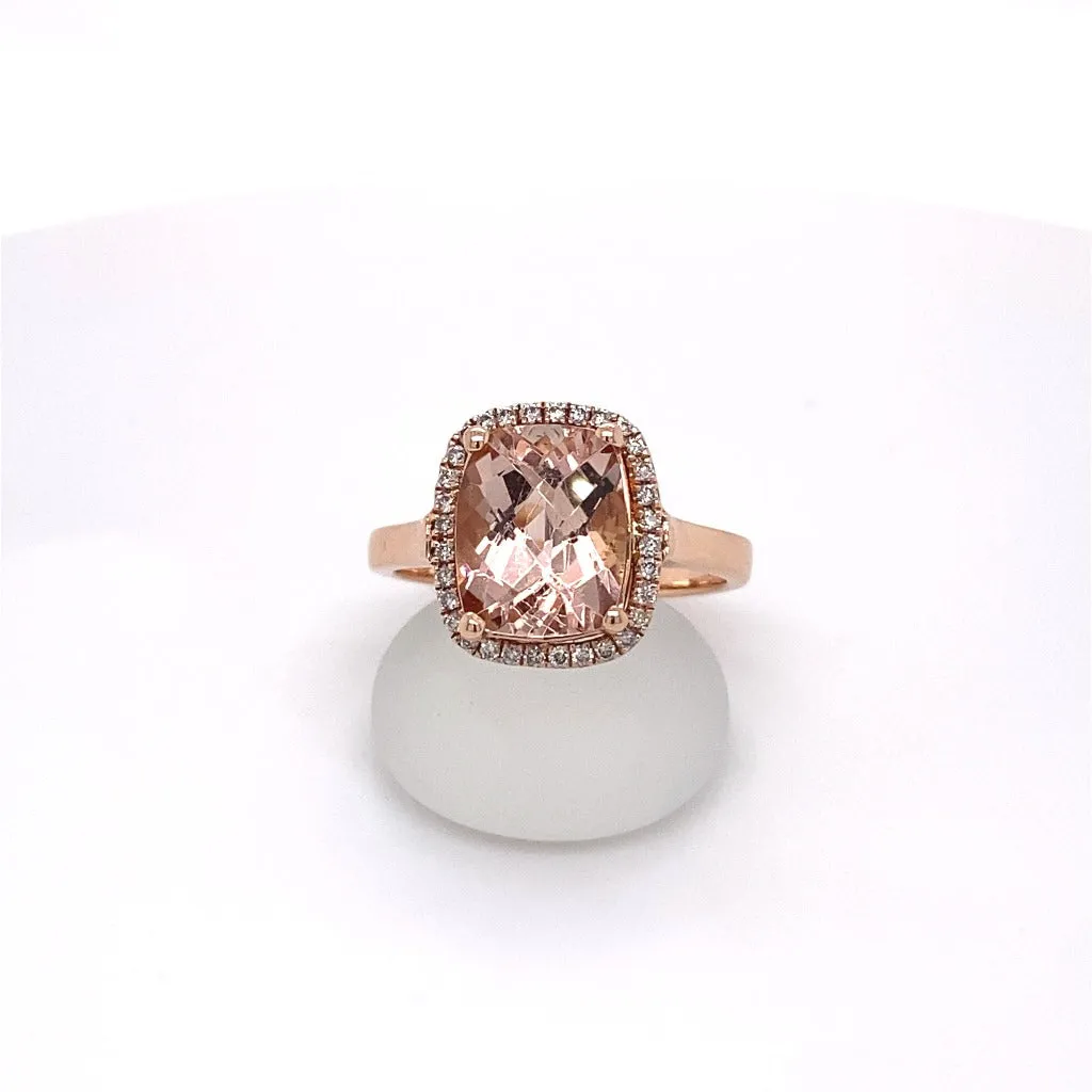 Cushion Cut Morganite and Diamond Halo 14kt Rose Gold Ring