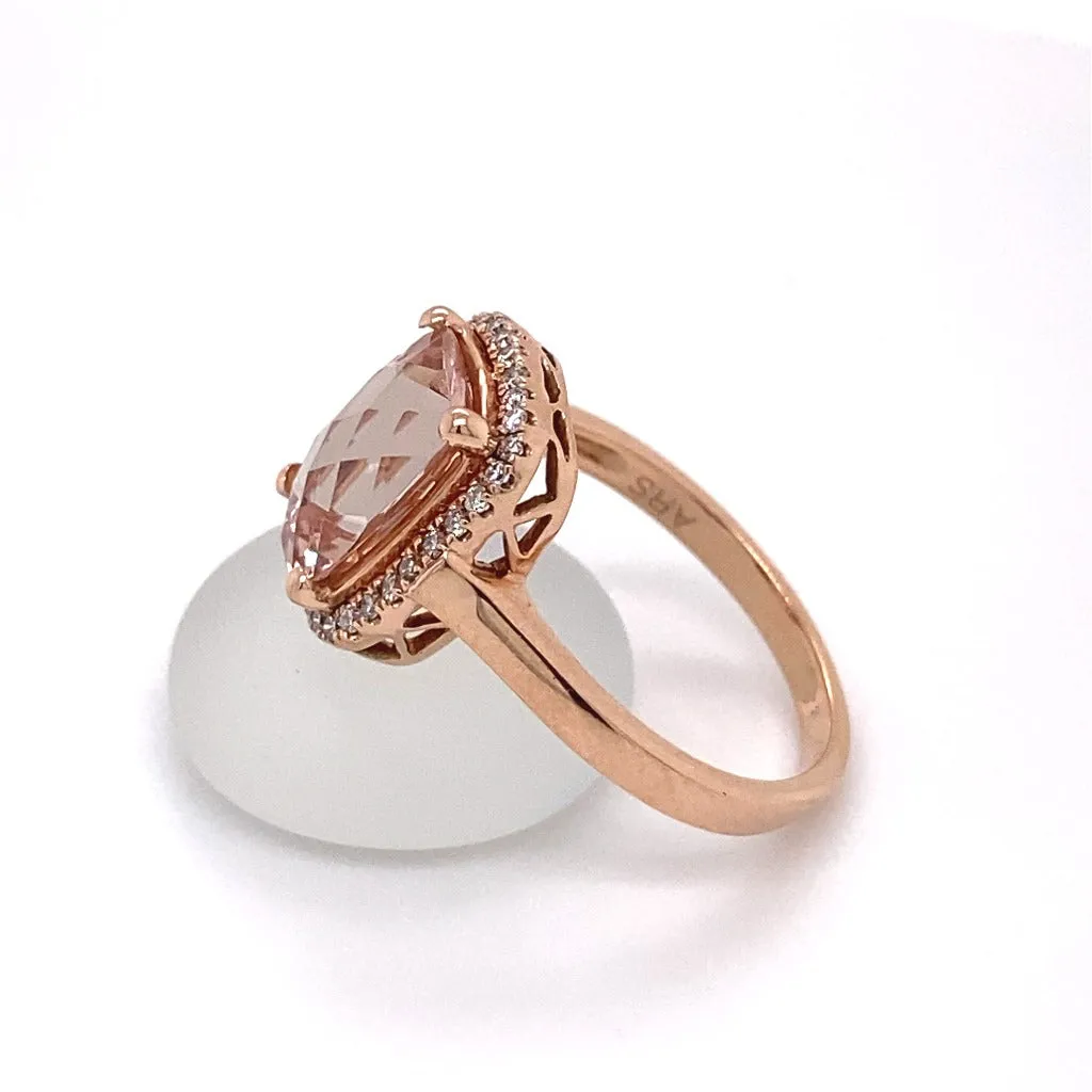 Cushion Cut Morganite and Diamond Halo 14kt Rose Gold Ring