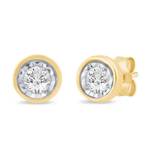 Diamond Set Soliatire Bezel Stud Earrings in 9ct Yellow Gold