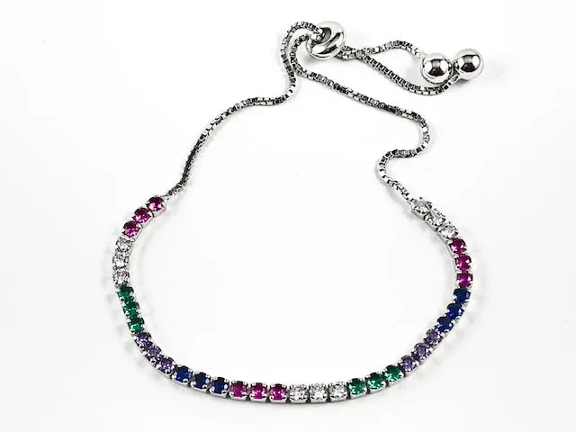 Elegant Multi Color Round CZ Thin Draw String Style Silver Bracelet