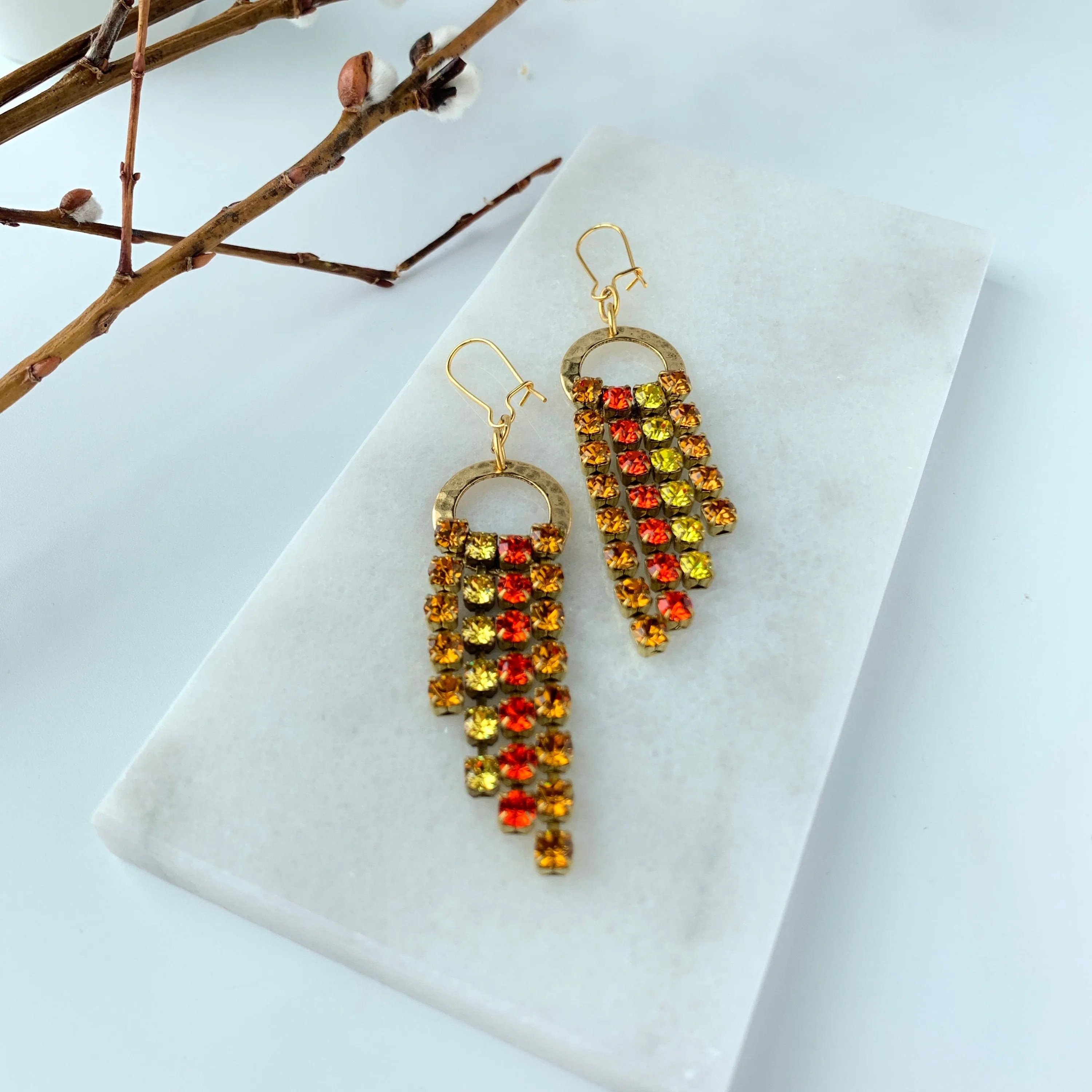 Falling Leaves Rhinestone Fringe Statement Earrings