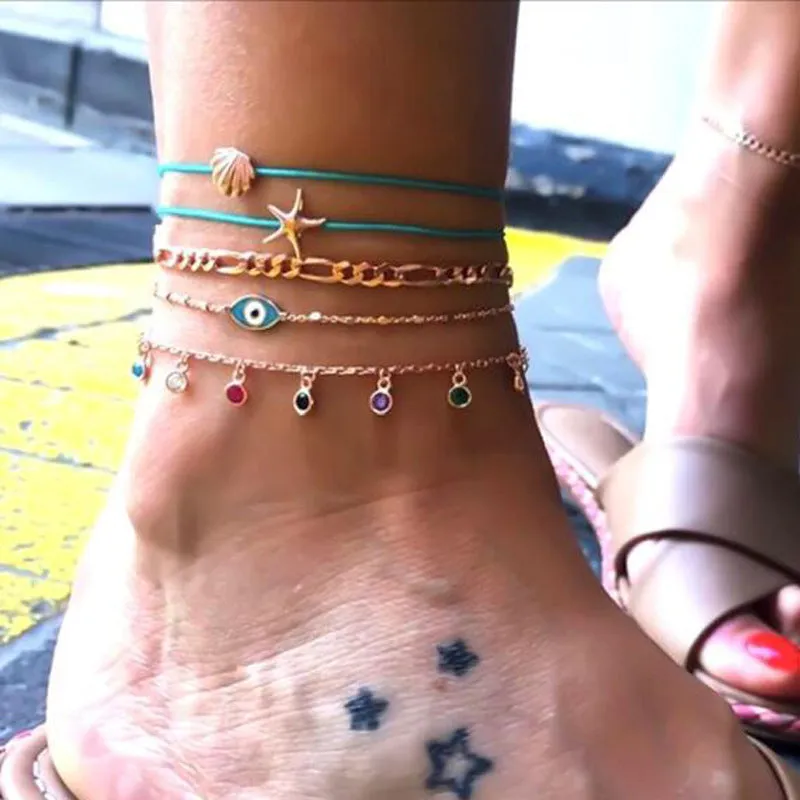 Fashion Creative Starfish Shell Eyes Color Rhinestone Anklet