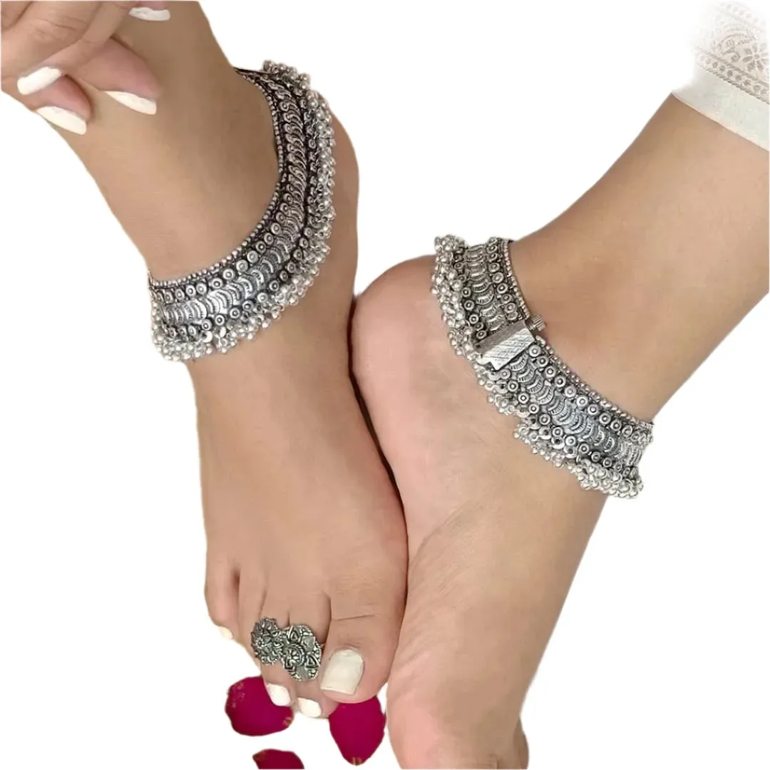 Girija Oxidized Silver Anklets