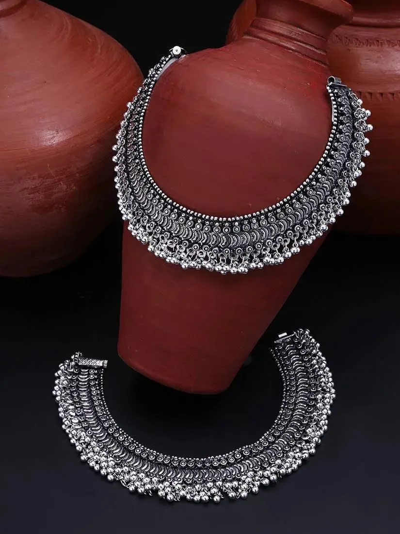 Girija Oxidized Silver Anklets