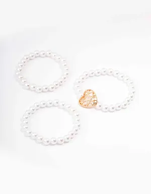 Gold Heart Pearl Bracelet 3-Pack