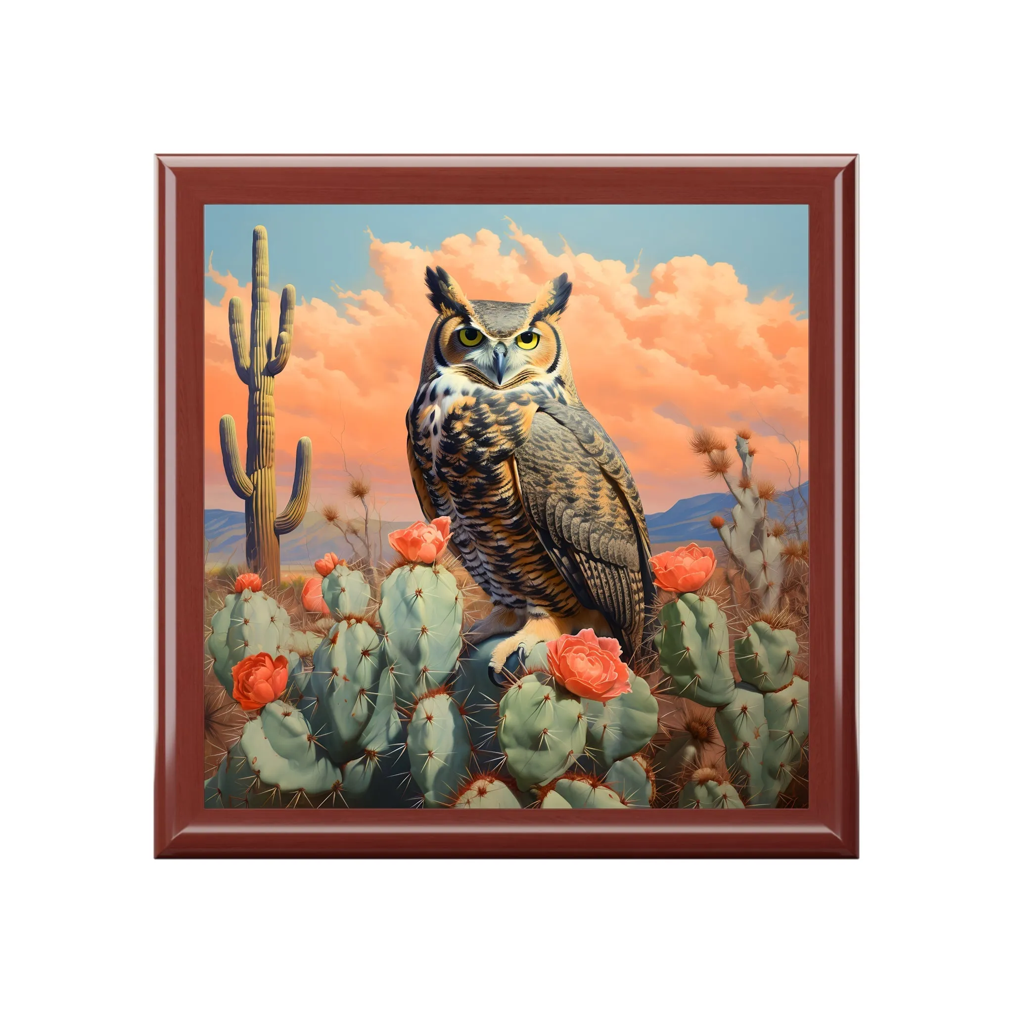 Great Hprned Owl on Stormy Day in Cactus Desert Art Print Gift and Jewelry Box