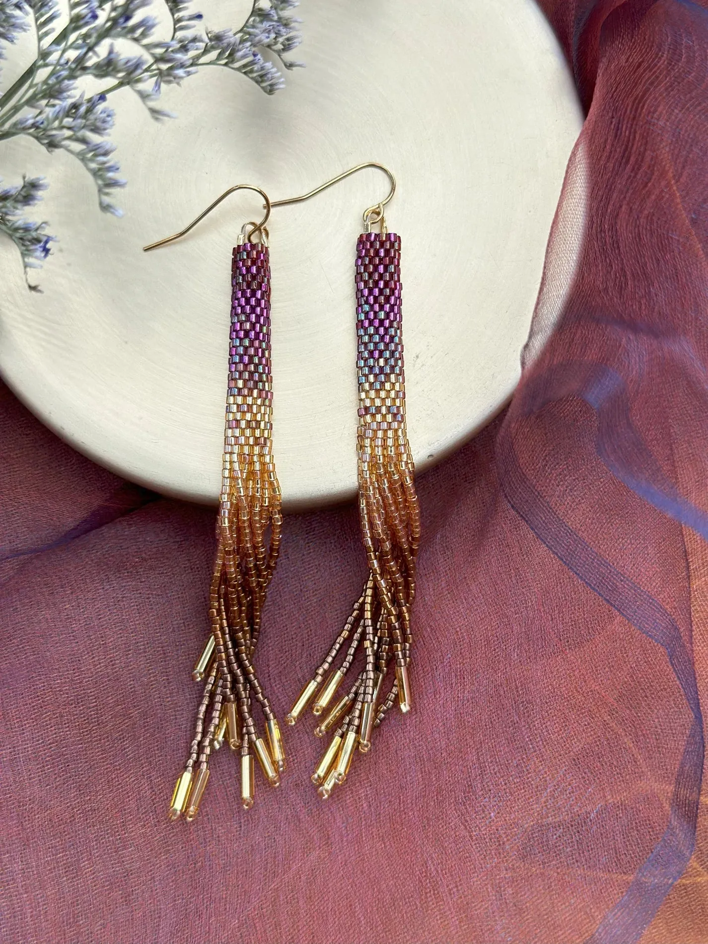 Handwoven Beaded Ombre Tassel Earrings in Violet