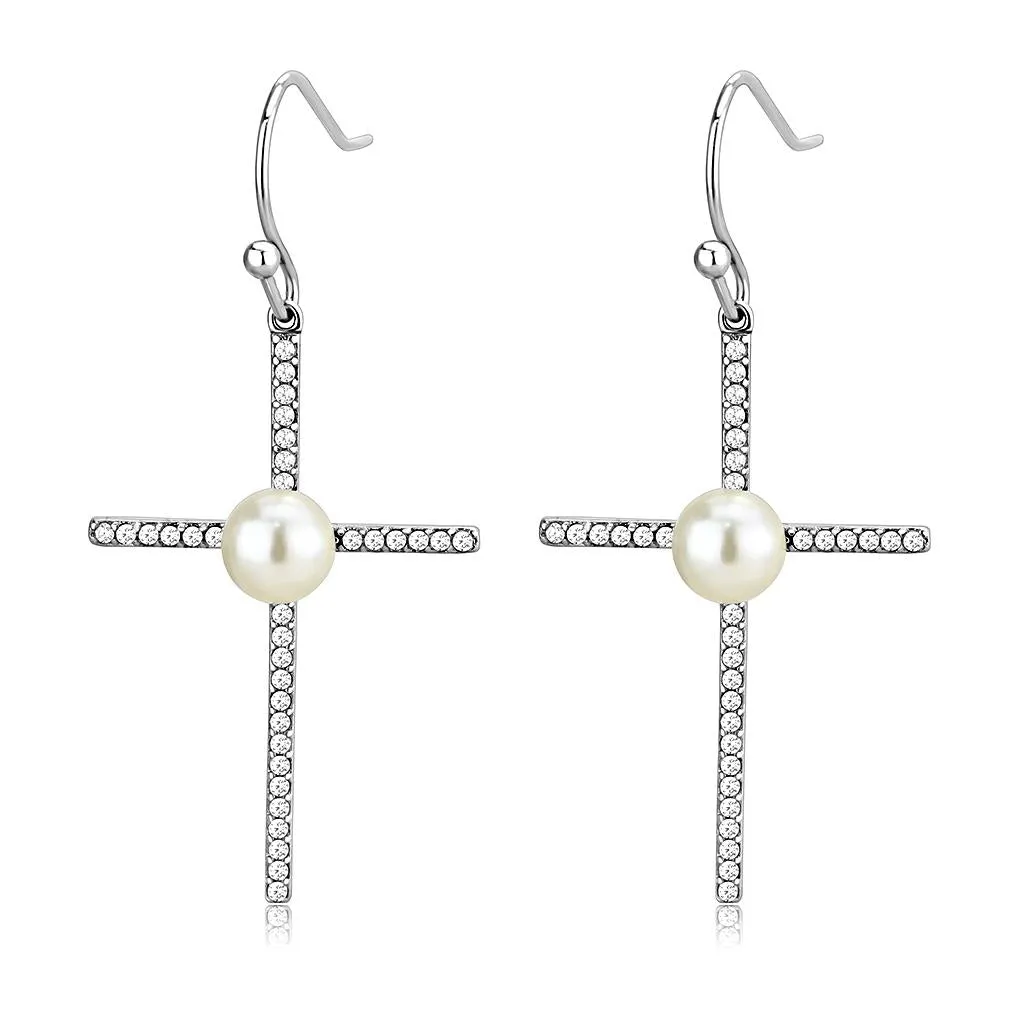 High polished (no plating) Stainless Steel Earrings with Synthetic Pearl in White for Women White Stone Color Style DA192