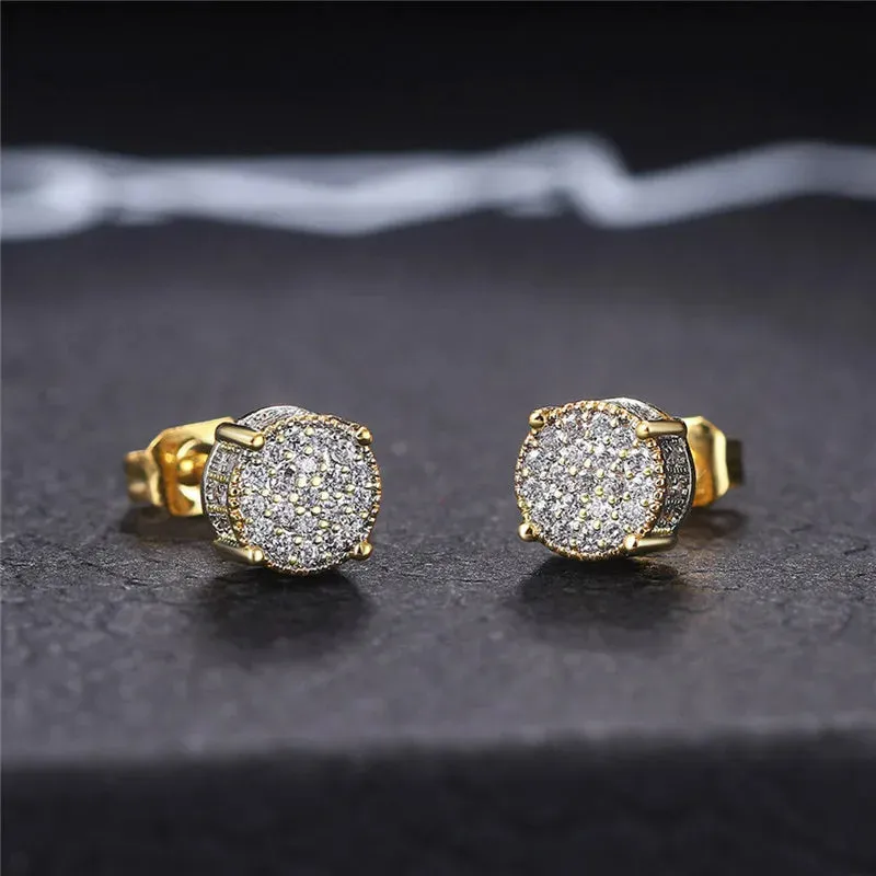 Huitan Fancy Round Shaped Stud Earrings Paved Shiny CZ Stone Silver Color/Gold Everyday Fashion Versatile Women's Ear Jewelry