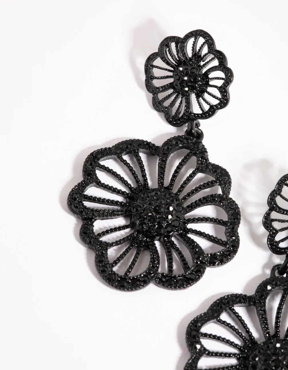 Matte Black Diamante Flower Drop Earrings