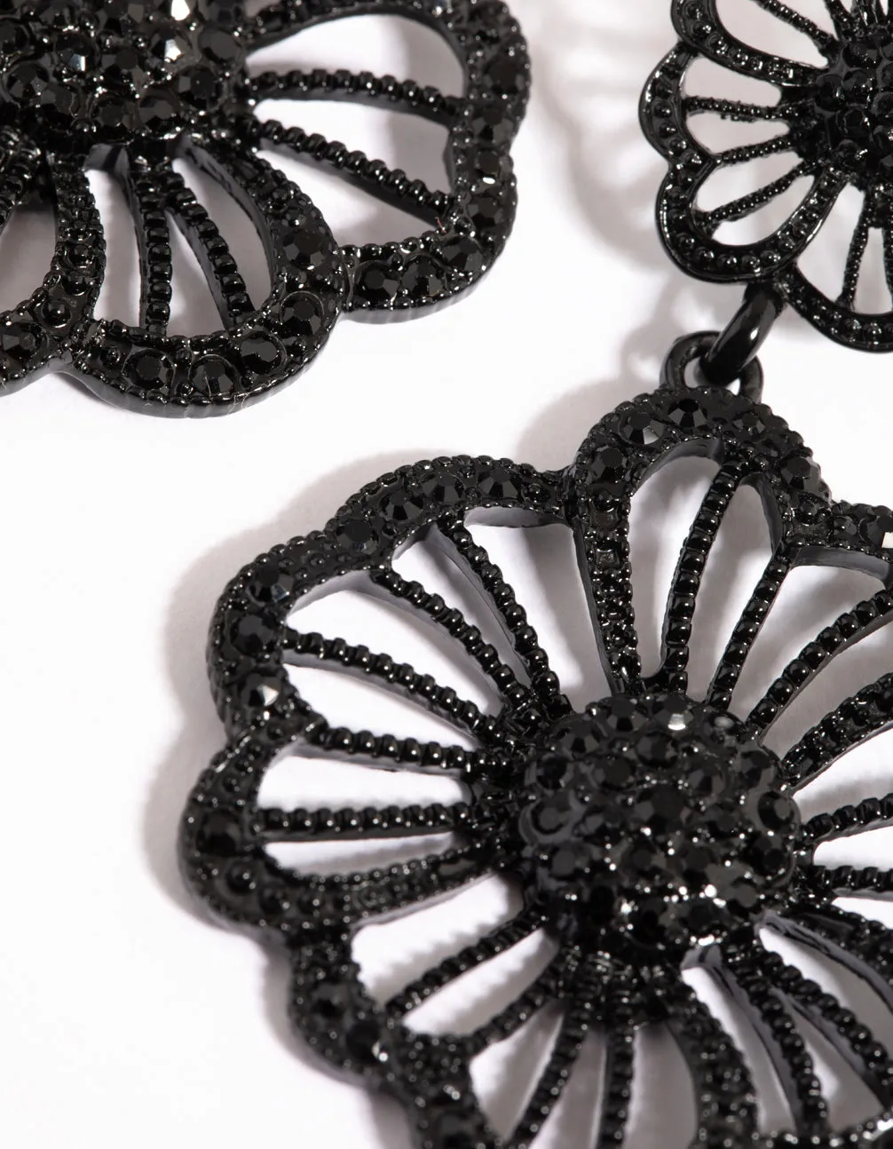 Matte Black Diamante Flower Drop Earrings