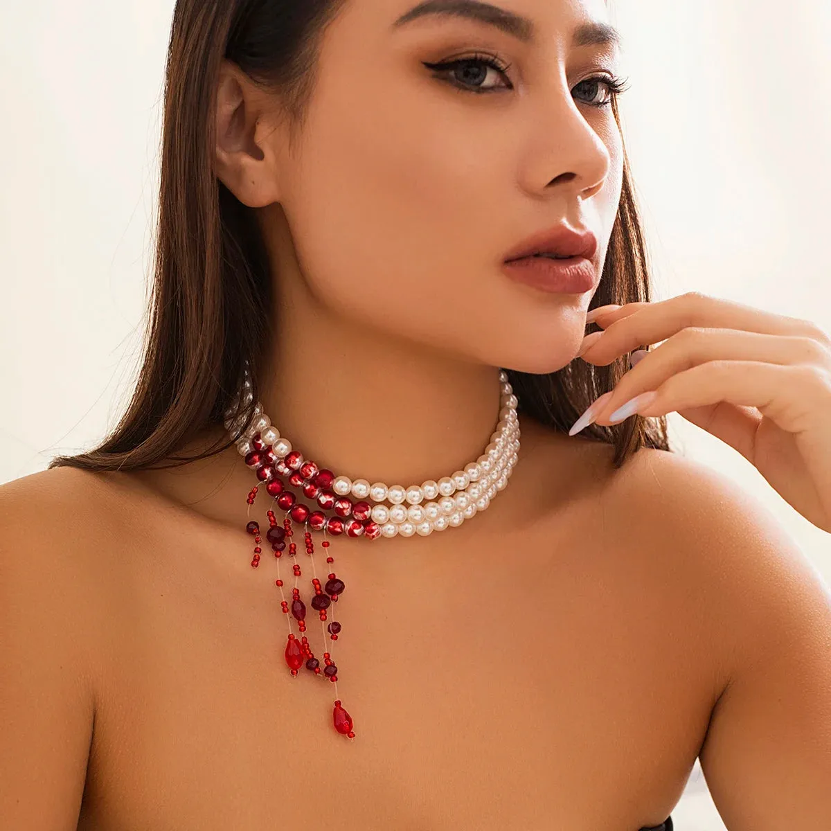 Multilayer Red Blood Tassel Pendant Necklace - Imitation Pearl Jewelry