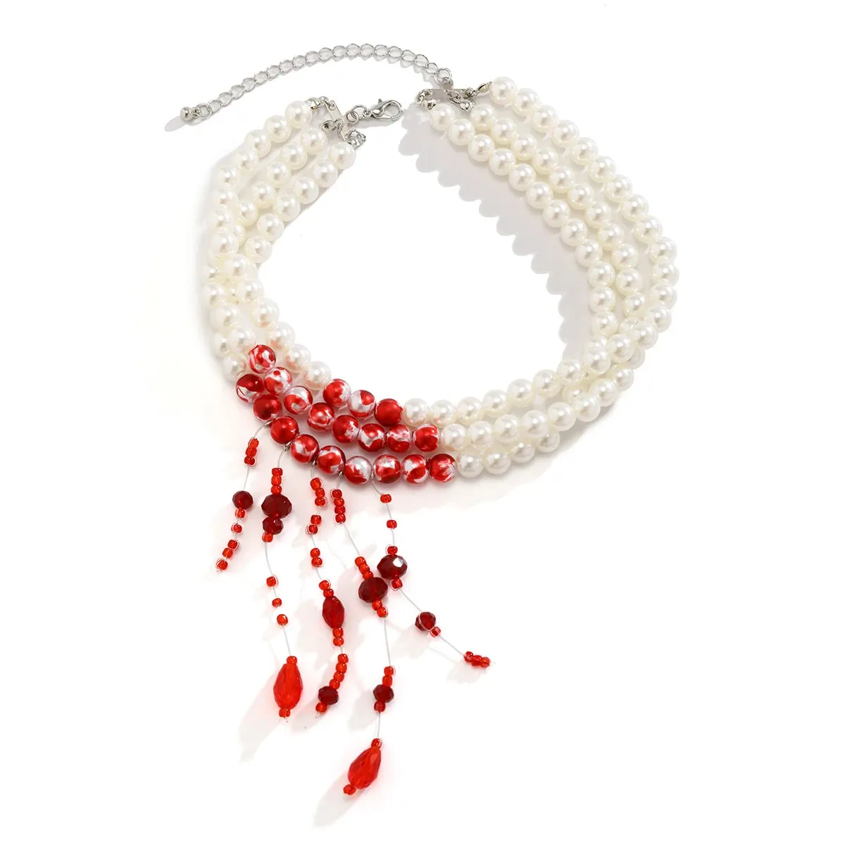 Multilayer Red Blood Tassel Pendant Necklace - Imitation Pearl Jewelry