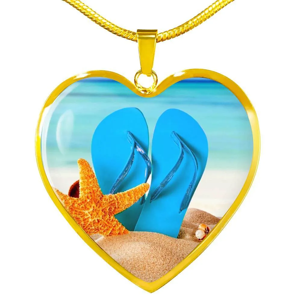 New Flip Flops On The Beach - Heart Pendant Gold Necklace