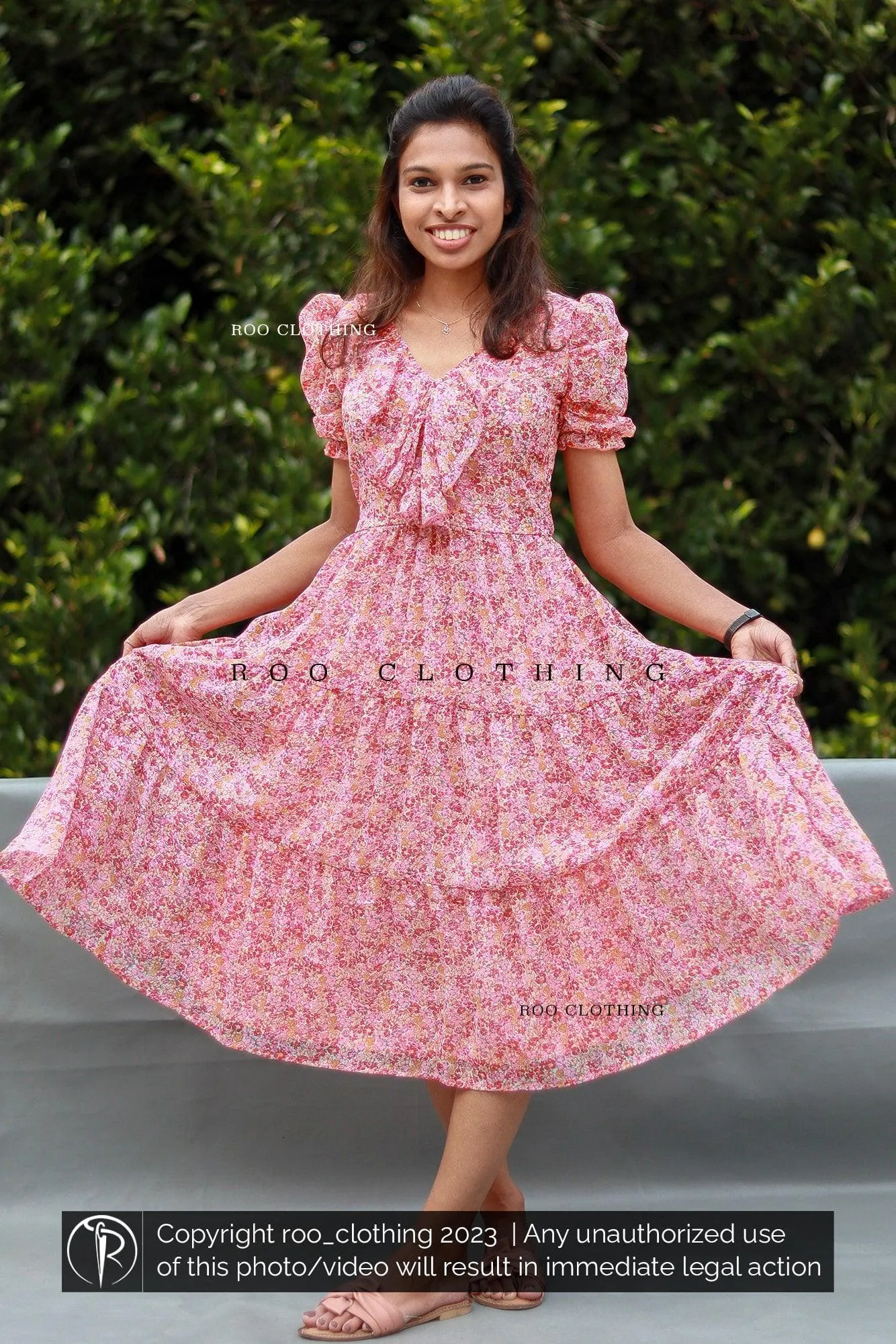 Pink Floral Printed Tiered Midi Dress