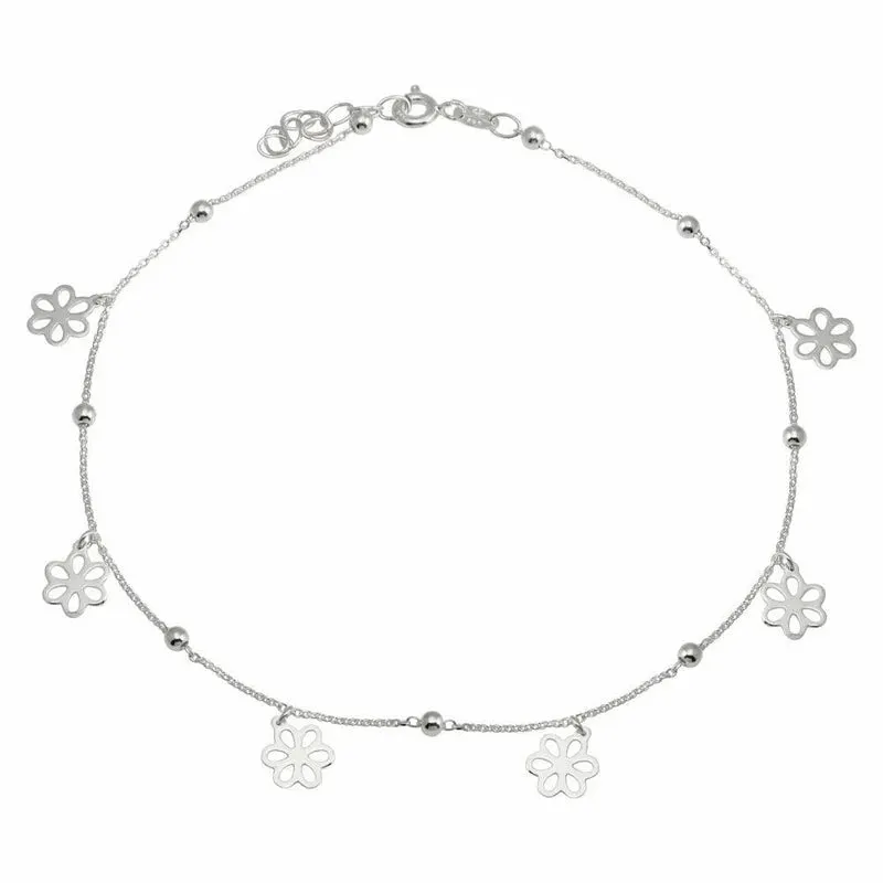 Rhodium Plated 925 Sterling Silver Dangling Flower Anklets