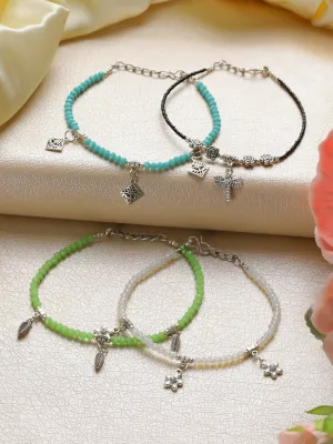 Set Of 4 Silver Butterfly, Flower, Square & Shell Charms Beaded Handcrafted Anklets