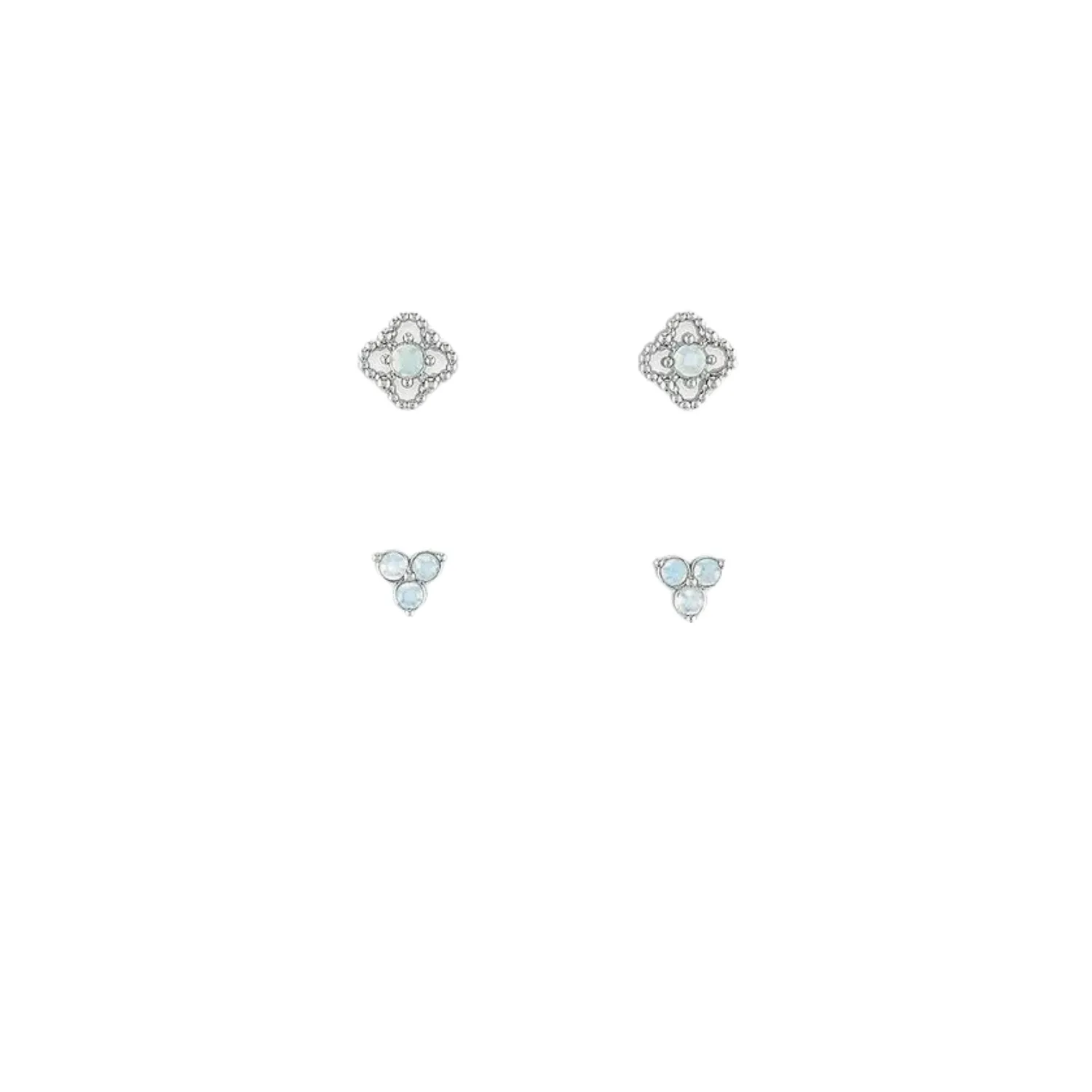 Silver Beaded Petal & Triple Opal Duo Pair Stud Layers Earrings