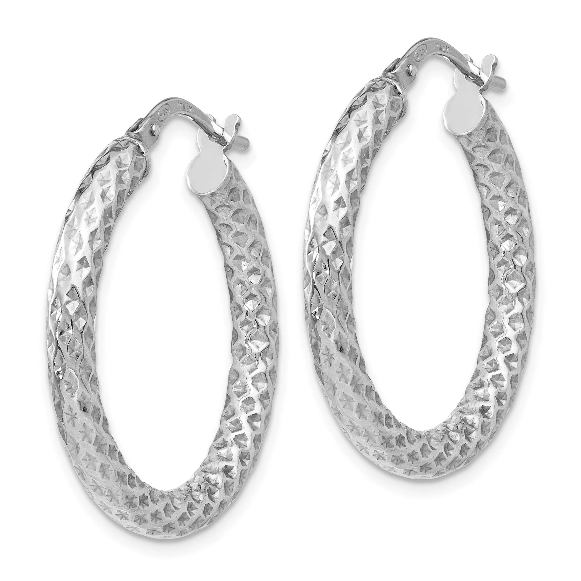 Silver Polished Textured Hinged Hoop Earrings