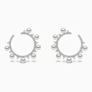 Sleek 18K Gold Pearl and Diamond Circle Earrings