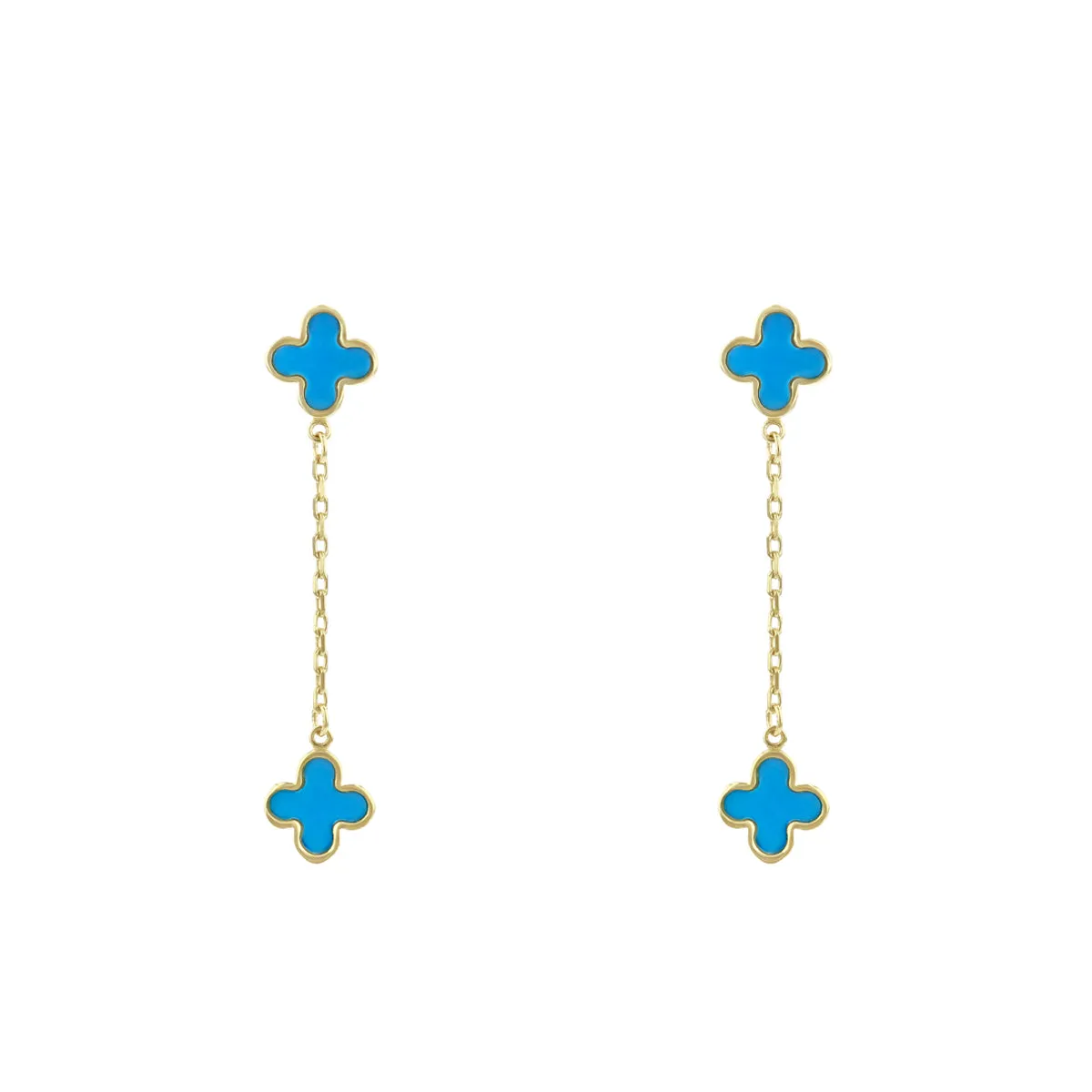 Soleil Collection Synthetic Turquoise Quatrefoil Petal Drop Earrings | 9K Solid Yellow Gold