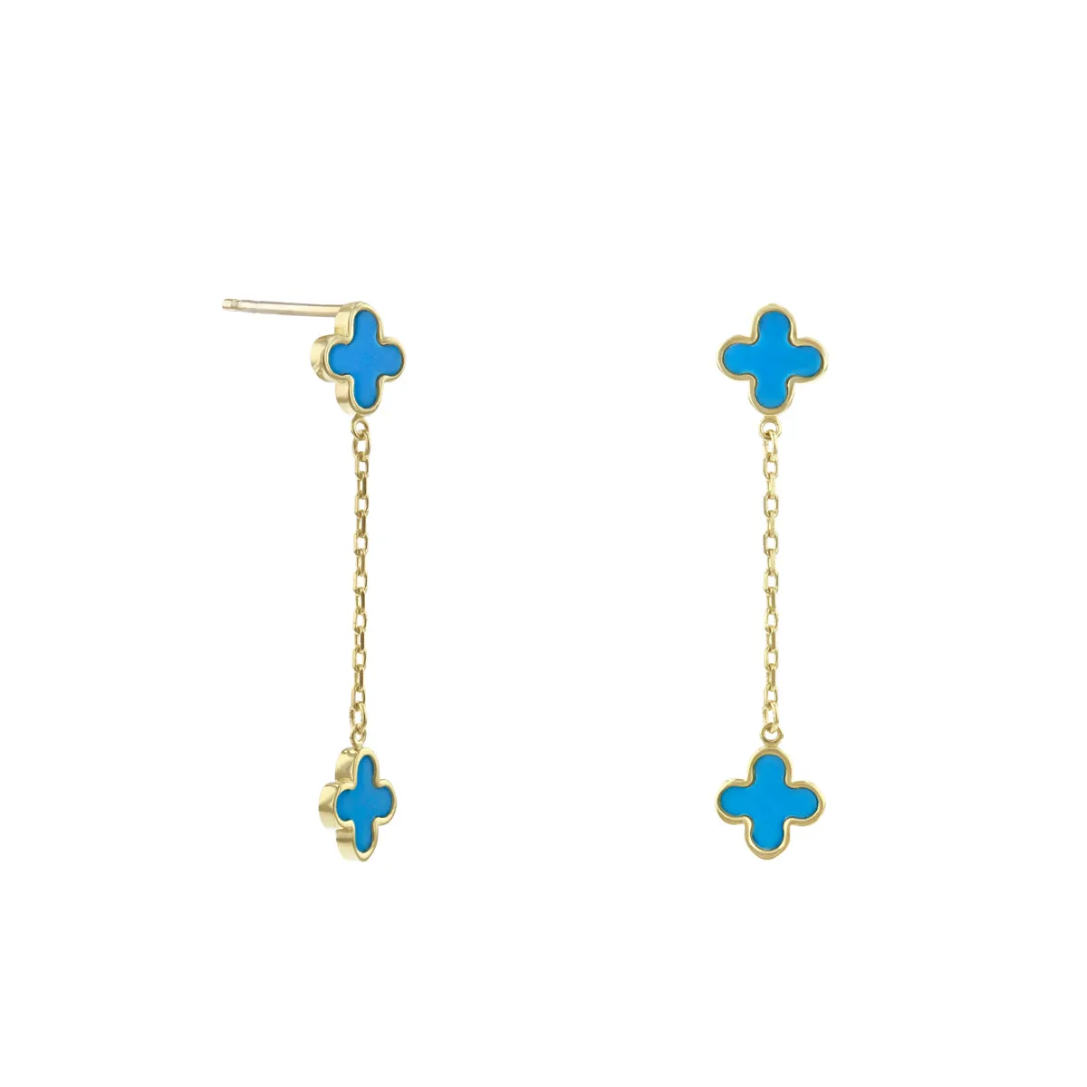 Soleil Collection Synthetic Turquoise Quatrefoil Petal Drop Earrings | 9K Solid Yellow Gold